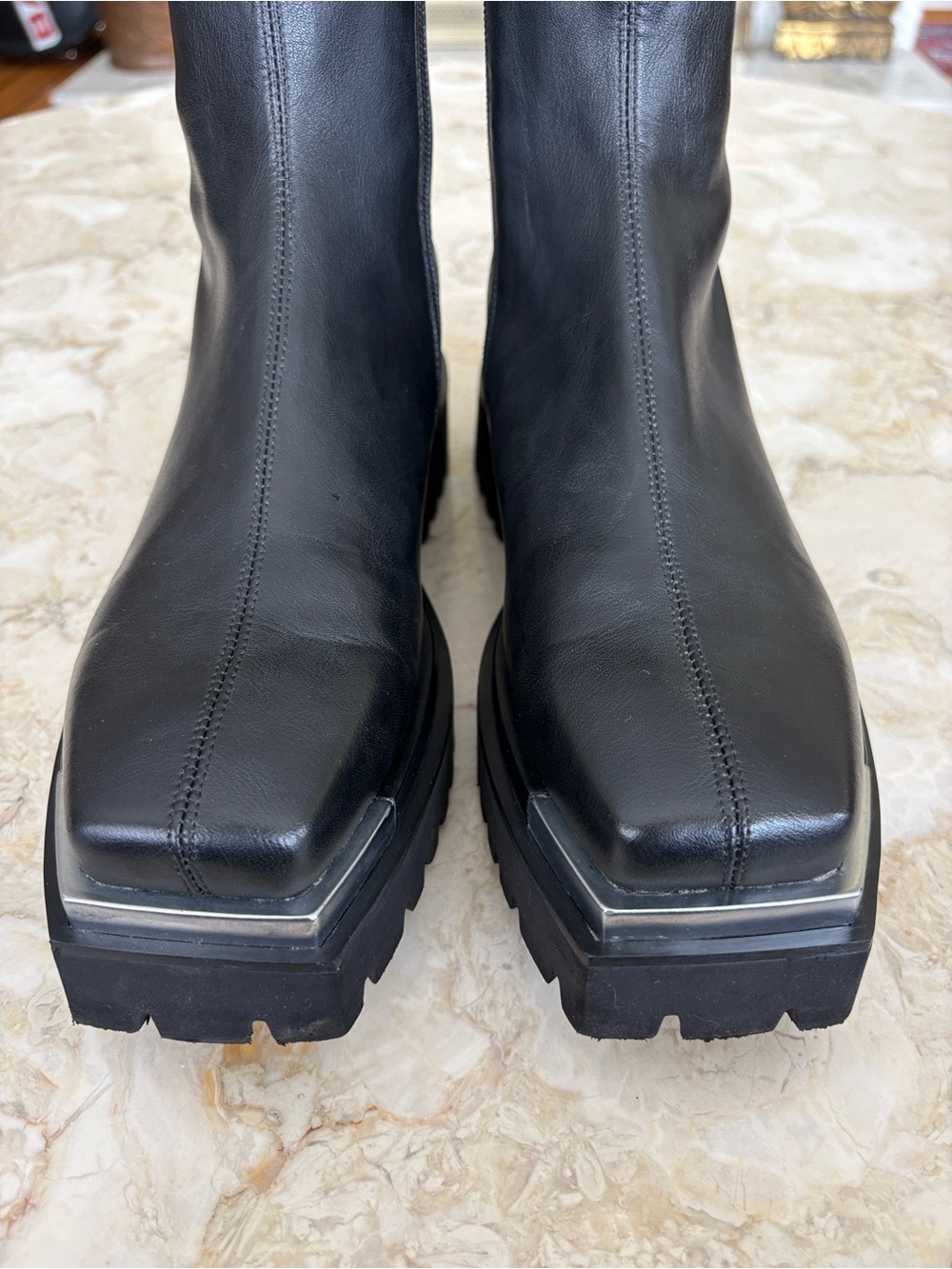 B2 “Devout” Black Leather Combat Boot Square Toe Silver Metal Tip Platform Boots - Picture 3 of 14